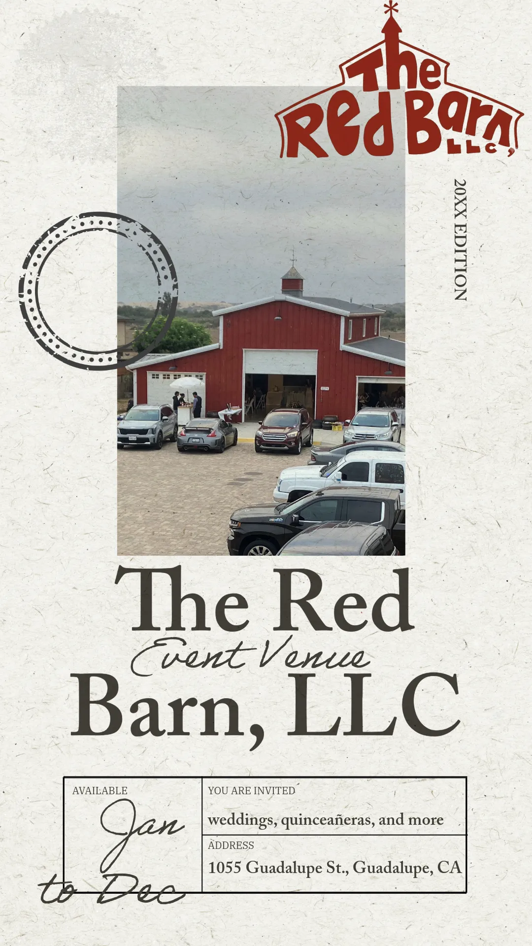 Inside The Red Barn — spacious open floor with wagon wheel chandelier, dark wood beams, and polished concrete